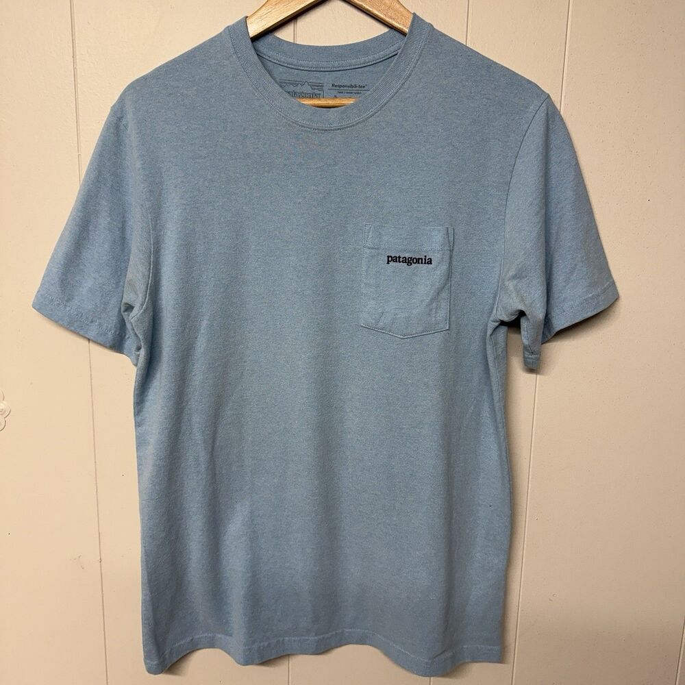 Patagonia Responsibili-Tee Graphic Pocket T-Shirt Crew Neck Light Blue Men S EUC